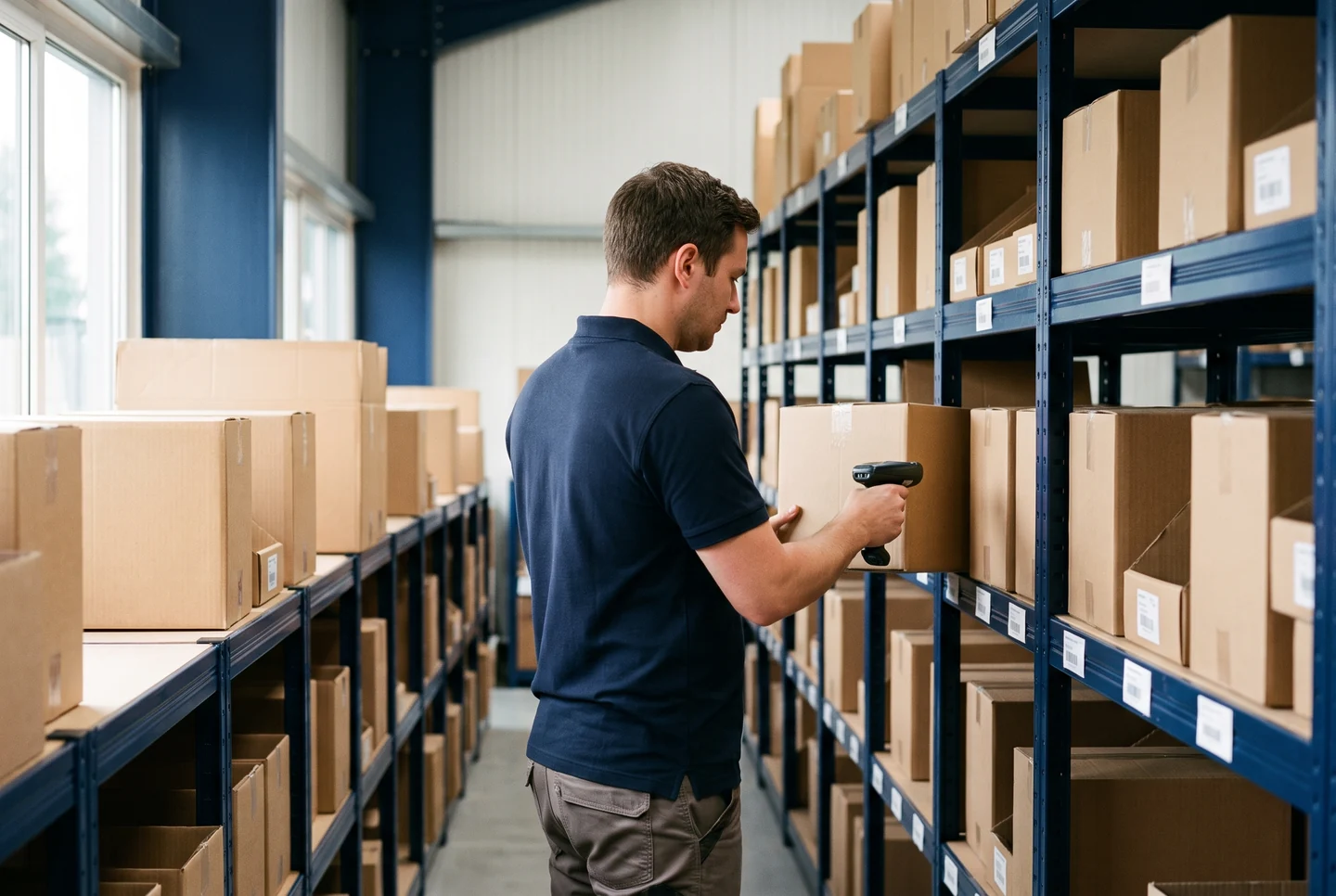 Illustrative inventory specialist checking cartons with a handheld scanner