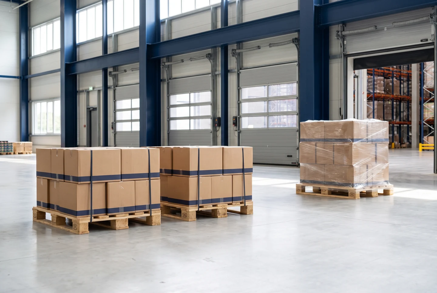 Illustrative wholesale cartons and palletized stock in a distribution facility